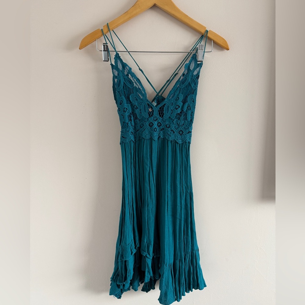 Free People Teal Lace Asymmetrical Mini Dress 💚 Boho Flowy | Size S